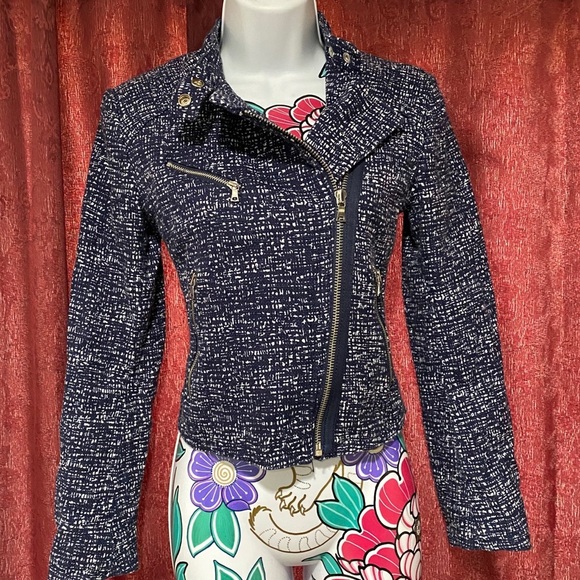 Gap Tweed Moto Navy Blue White Print Zipper Jacket - Picture 2 of 6